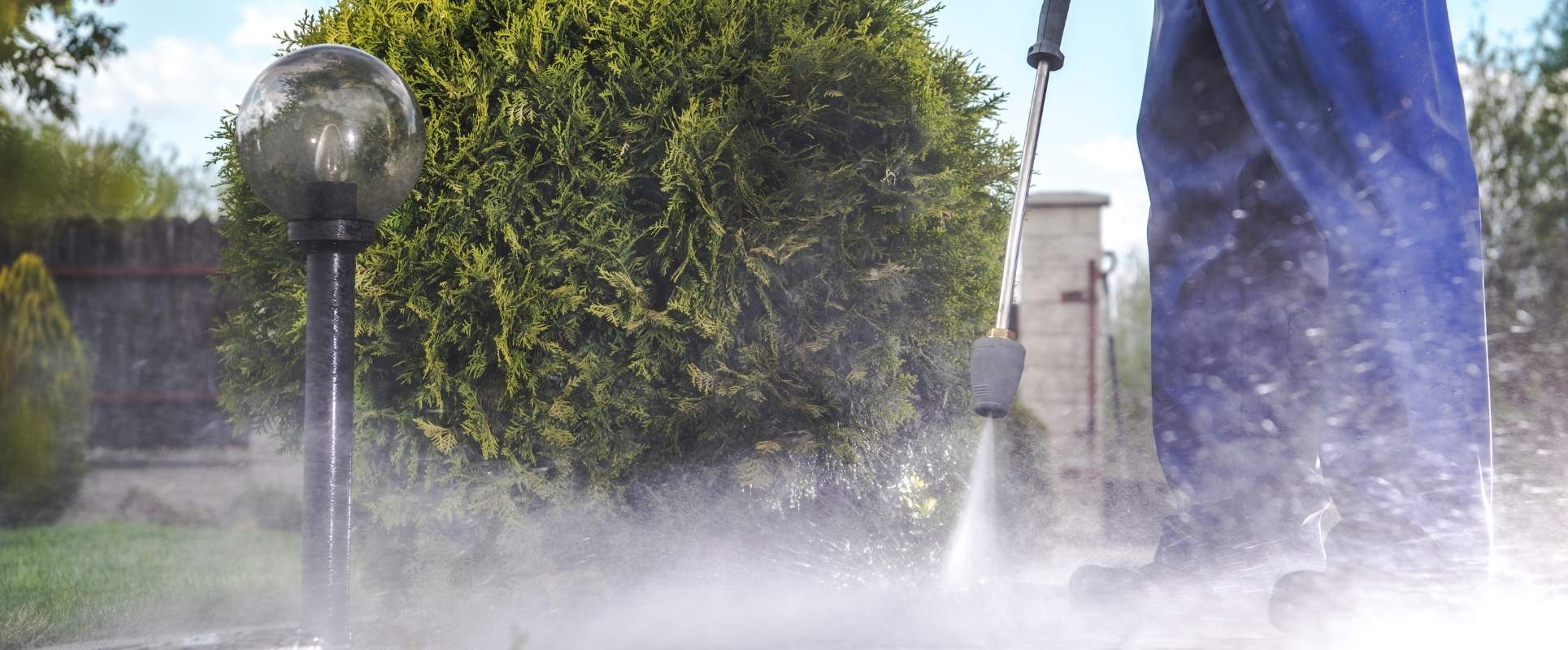 Professional pressure washing in a garden setting.