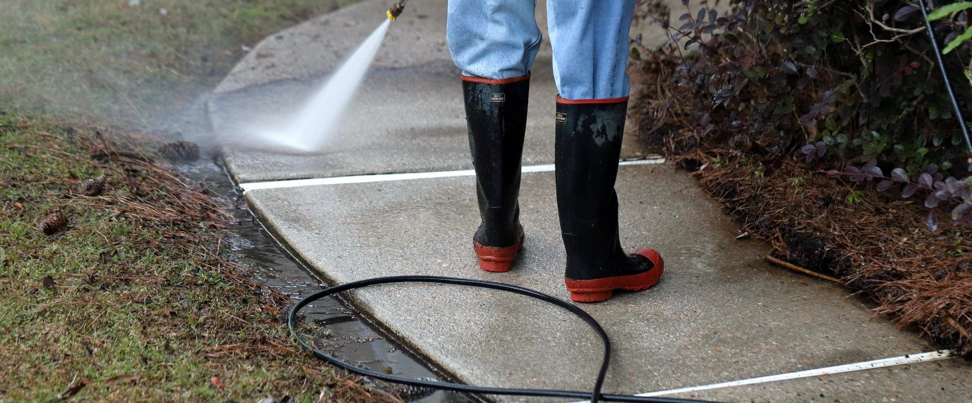 Pressure washing a sidewalk for a clean and refreshed appearance.