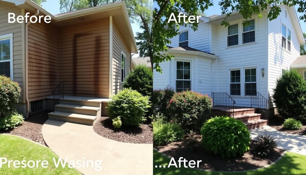 Before and after comparison of a home exterior after pressure washing