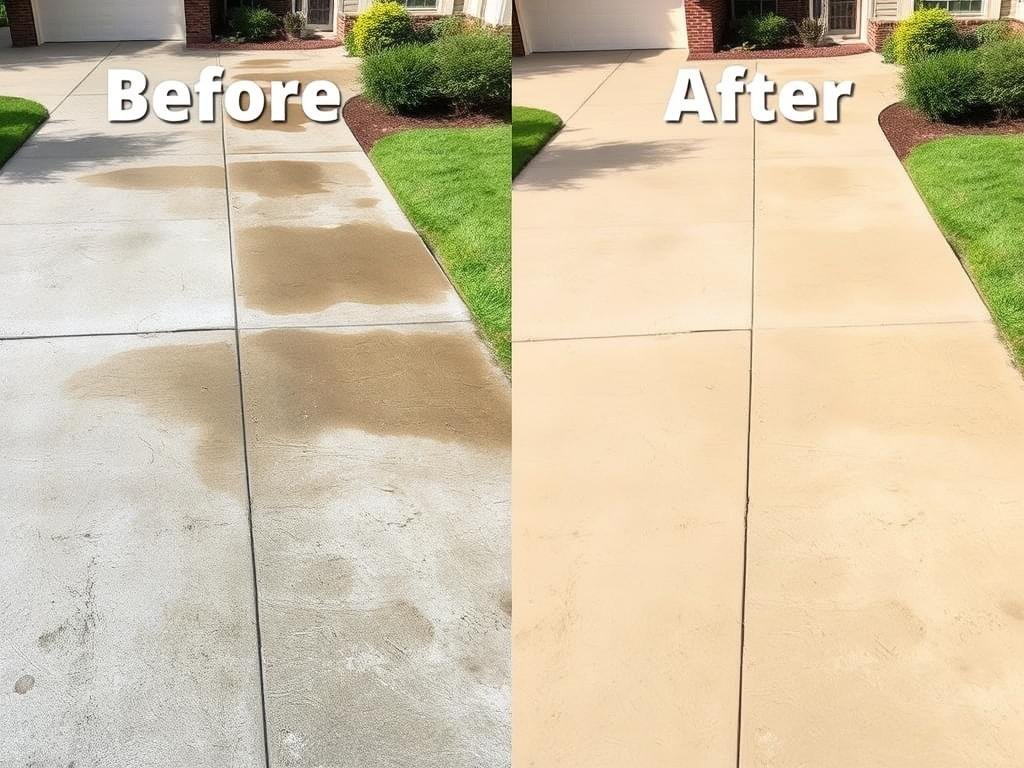 Before and after of pressure washing a concrete driveway