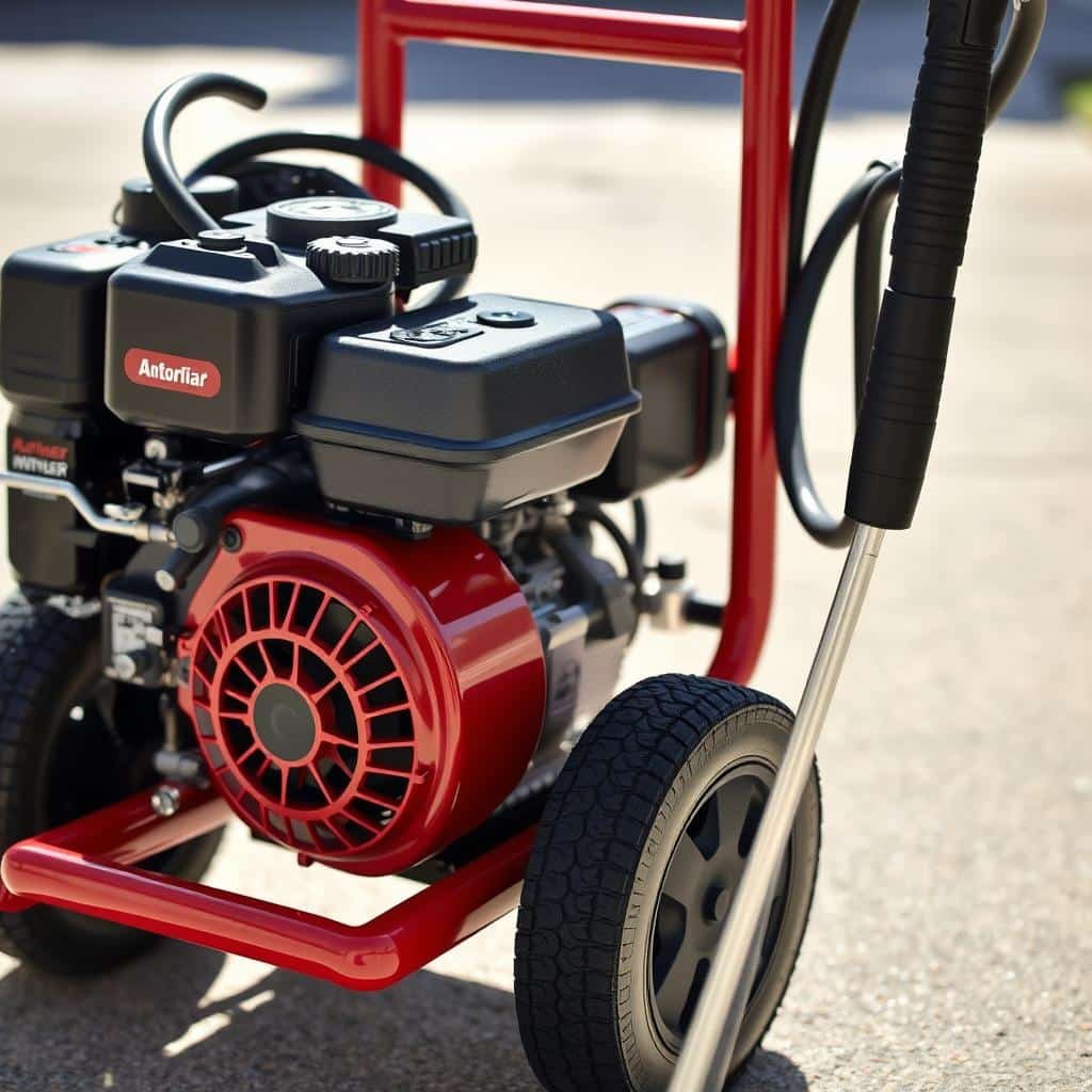 Gas-powered pressure washer with engine and high-pressure hose