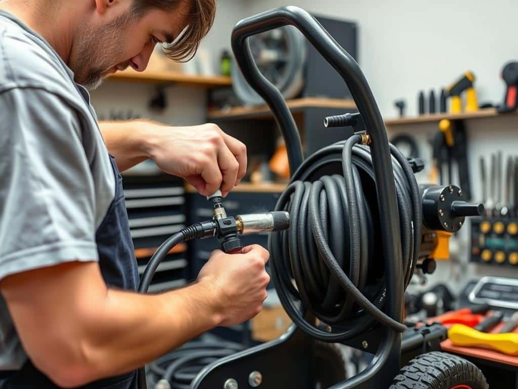 Person performing maintenance on a pressure washer