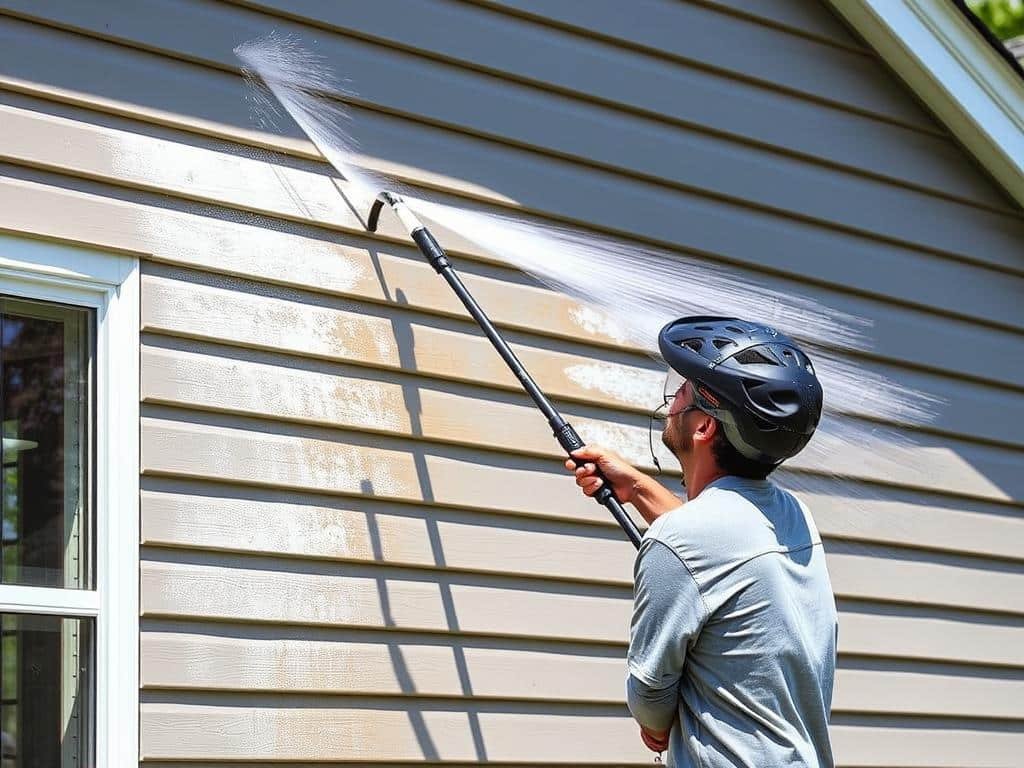Person pressure washing vinyl siding on a house