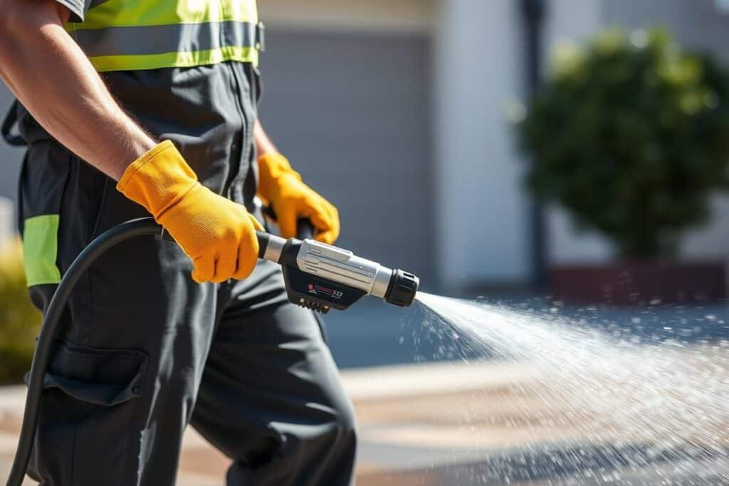 Person wearing proper safety gear while pressure washing