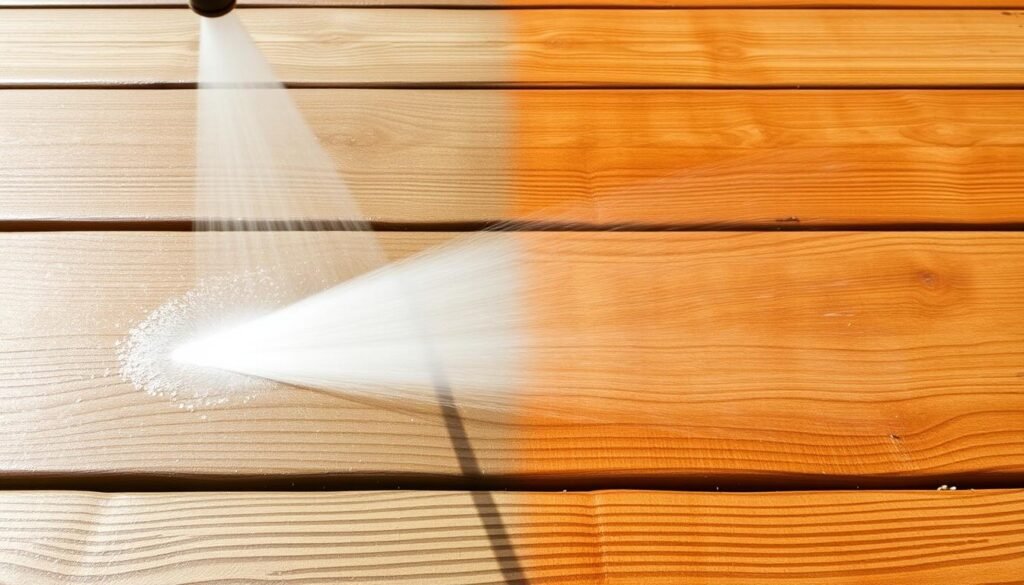 Pressure washing a wooden deck with visible cleaning progress