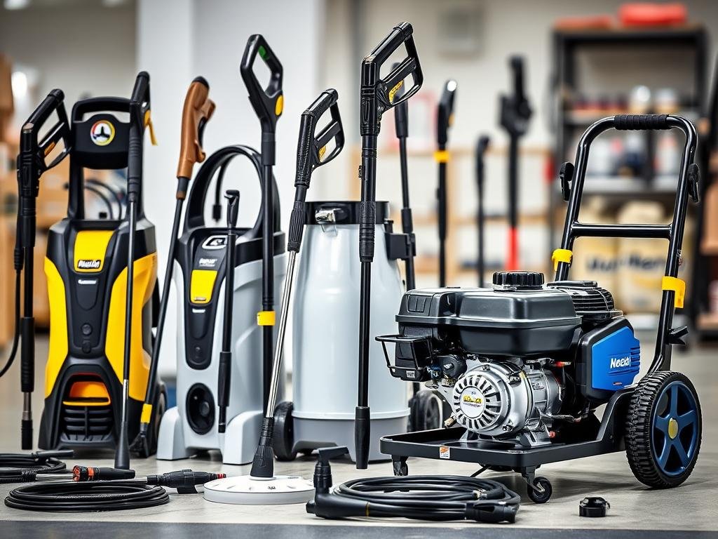 Pressure washing equipment showing electric and gas pressure washers with various attachments