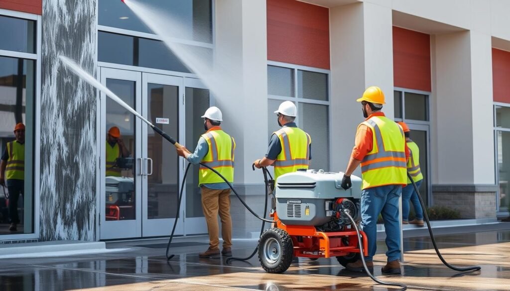 Professional pressure washing team cleaning a commercial building