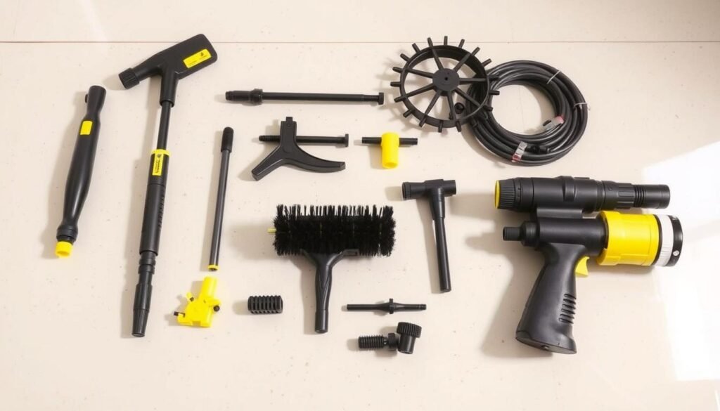 Various pressure washer accessories and attachments laid out on a surface